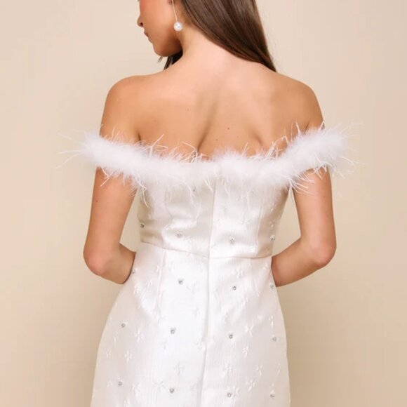 Lulus Charming Always Ivory Floral Jacquard Feather Mini Dress White - Size L - Picture 3 of 3